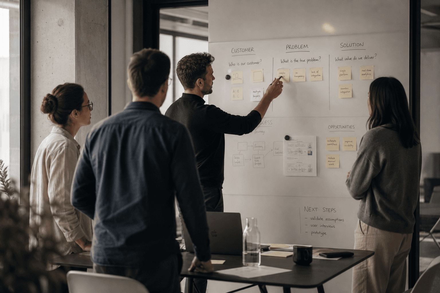 Sesión de diagnóstico con equipo revisando un whiteboard de procesos